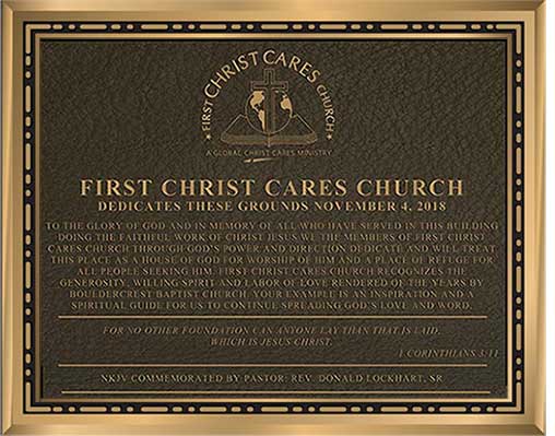 bronze church plaque christ cares